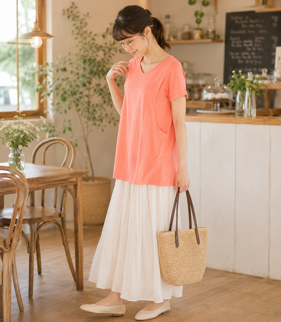 (ももさん)新品７枚セット・半袖・長袖Tシャツ3×2・チュニック1・ドロワーズ1 アウトレット特別価格】CARINO-DT チュニックショートスリーブ 授乳服