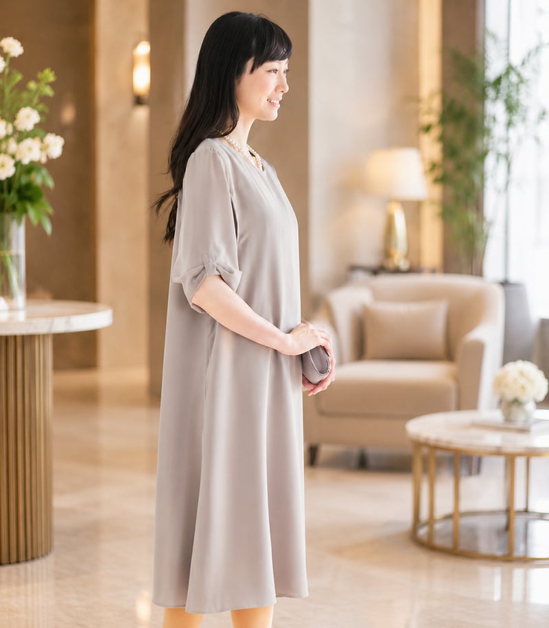 リボンスリーブワンピース 授乳服 マタニティ服 フォーマル授乳服 日本製【授乳服・マタニティウェア・授乳ブラ】
