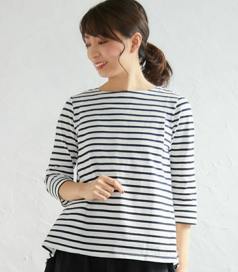 ボーダーフレアーカットソー 授乳服 マタニティ服 日本製【授乳服・マタニティウェア・授乳ブラ】