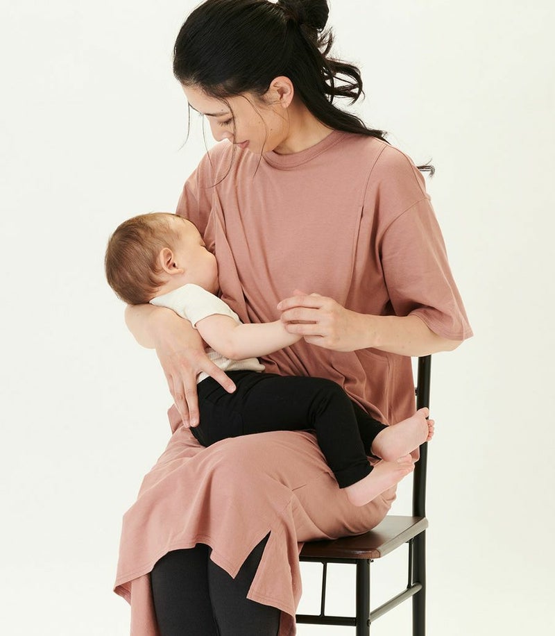 ブルーグレー チャコール アプリコット 授乳服〈授乳/マタニティ〉 シンプルワンピース 授乳服 マタニティ服 日本製