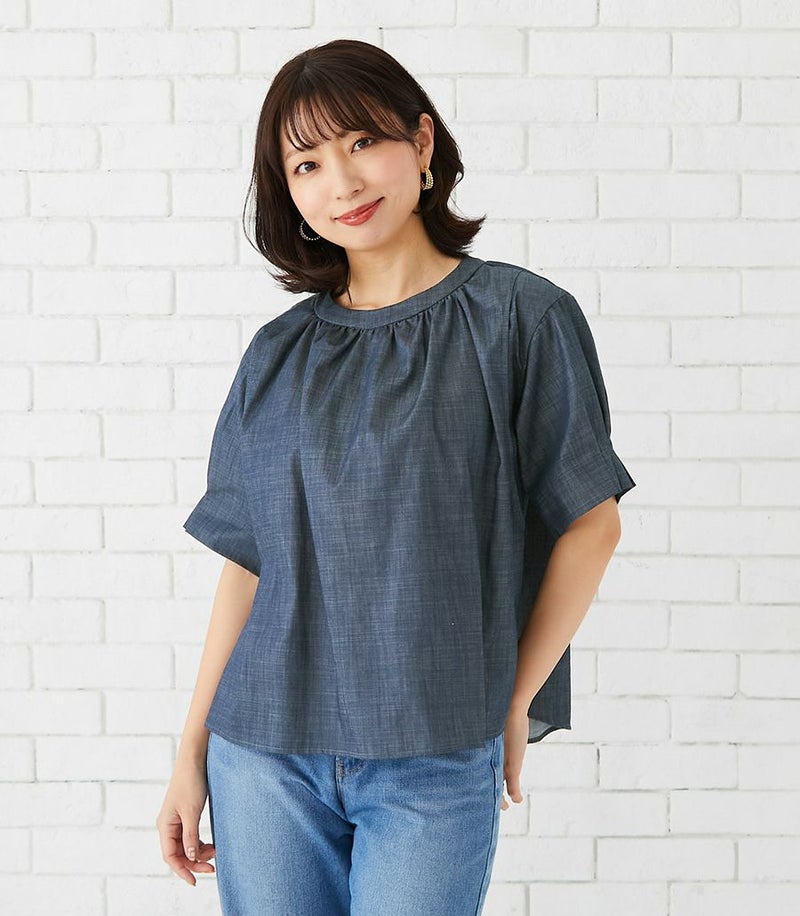 シャンブレーギャザーブラウス 授乳服 マタニティ服 日本製