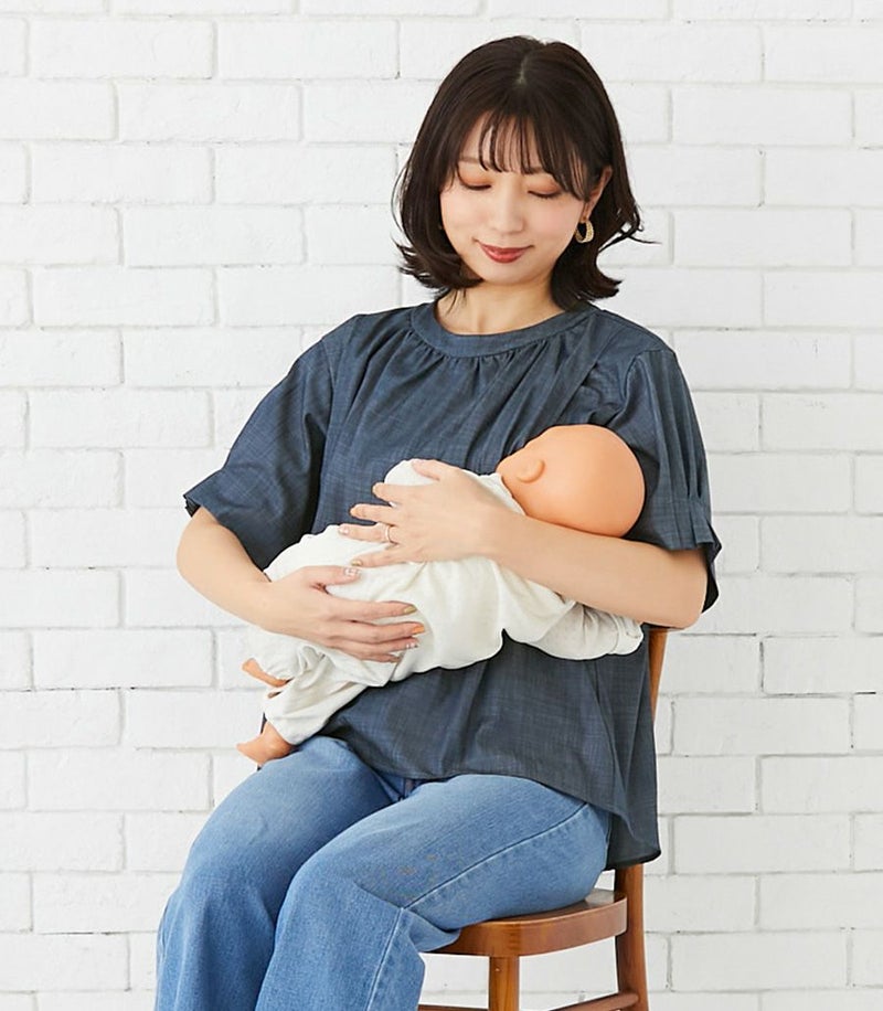 シャンブレーギャザーブラウス 授乳服 マタニティ服 日本製