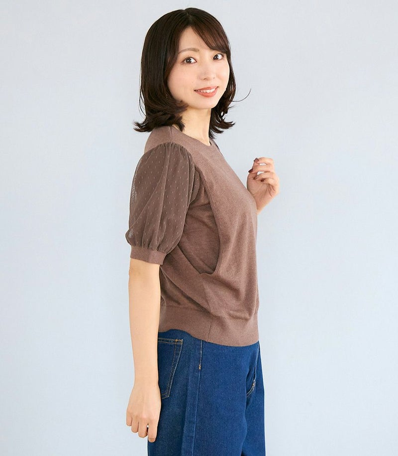 チュールパフスリーブニットトップス 授乳服
