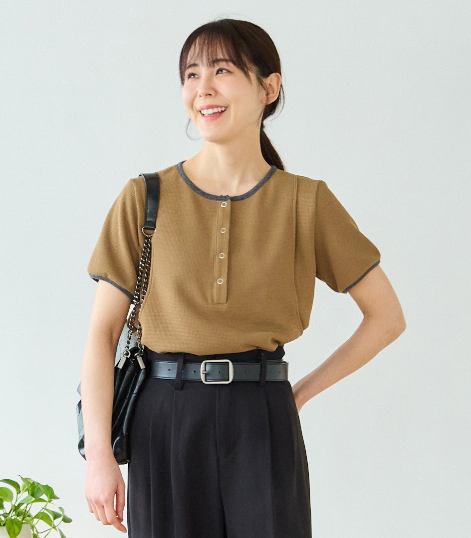 MO-HOUSE ワッフル 長袖 ロンT カットソー ワッフルTシャツ 授乳服 日本製 授乳服 マタニティ服 授乳ワンピ