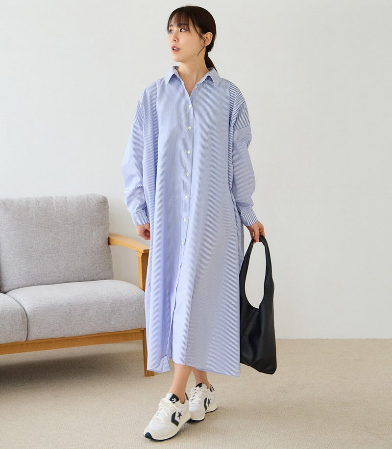 ストライプロングシャツワンピース 授乳服 マタニティ服 日本製