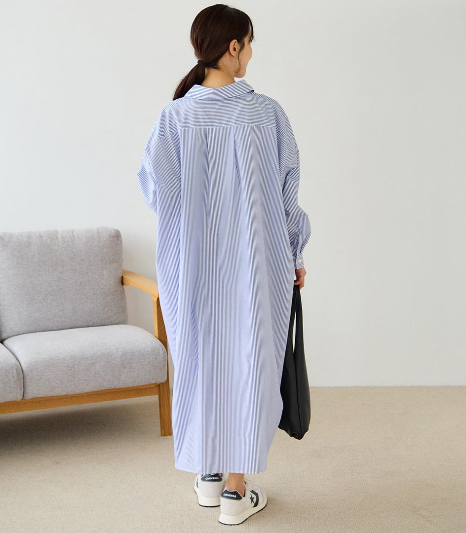 モーハウス　授乳用ワンピース　授乳服　ストライプフレアーワンピース　水色 ストライプロングシャツワンピース 授乳服 マタニティ服 日本製 授乳服