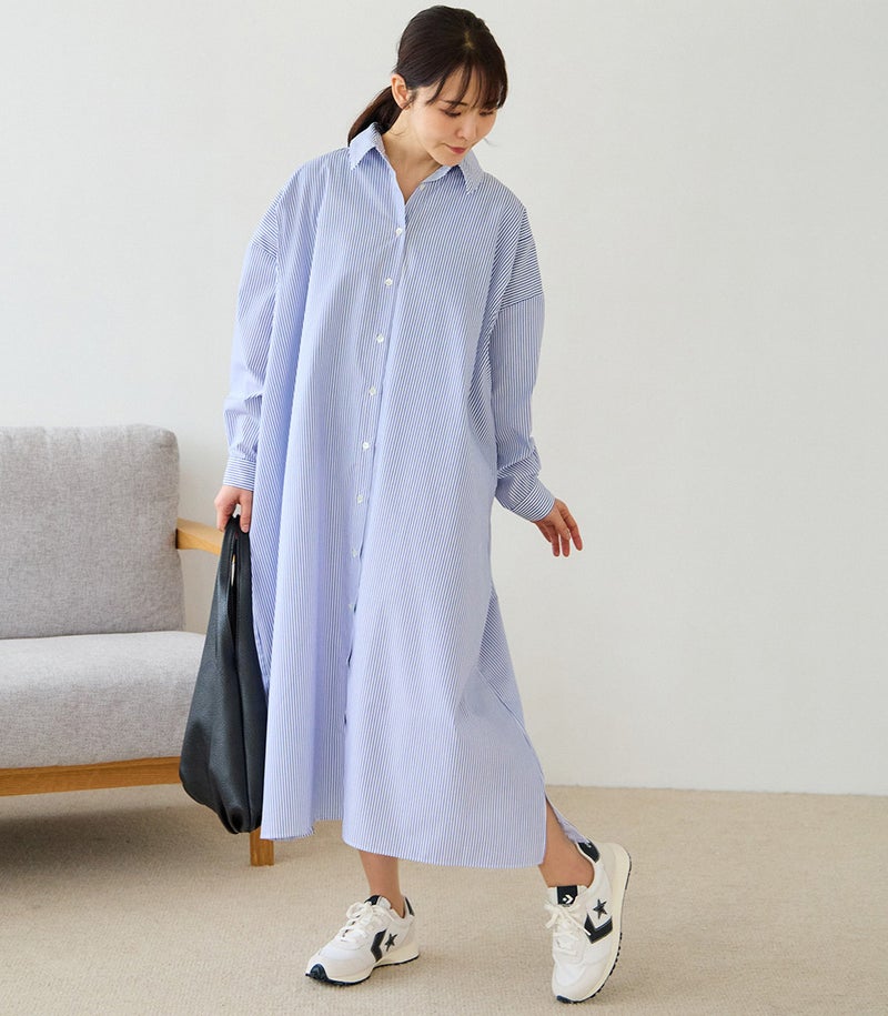 ストライプロングシャツワンピース 授乳服 マタニティ服 日本製