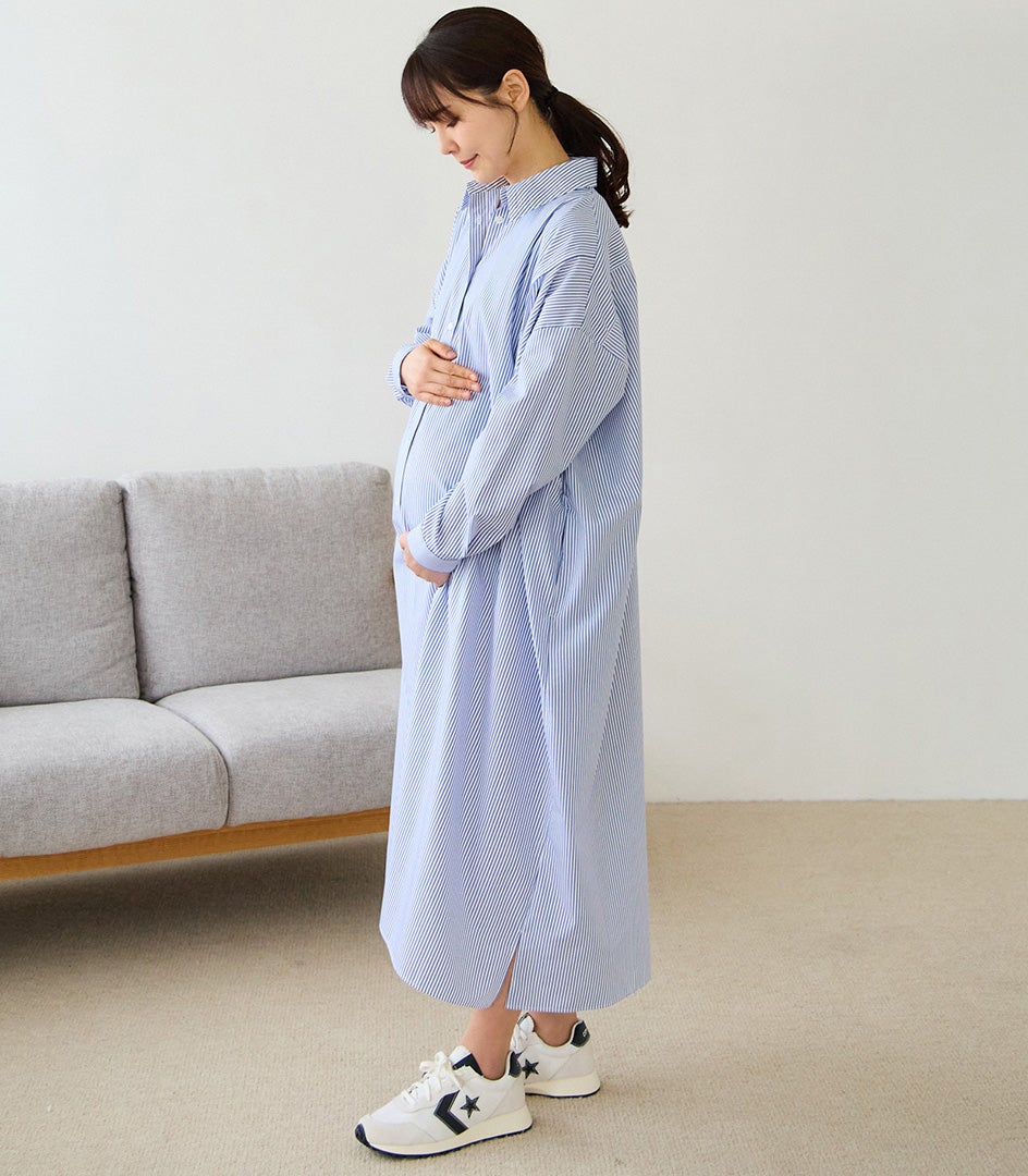 モーハウス　授乳用ワンピース　授乳服　ストライプフレアーワンピース　水色 ストライプロングシャツワンピース 授乳服 マタニティ服 日本製 授乳服