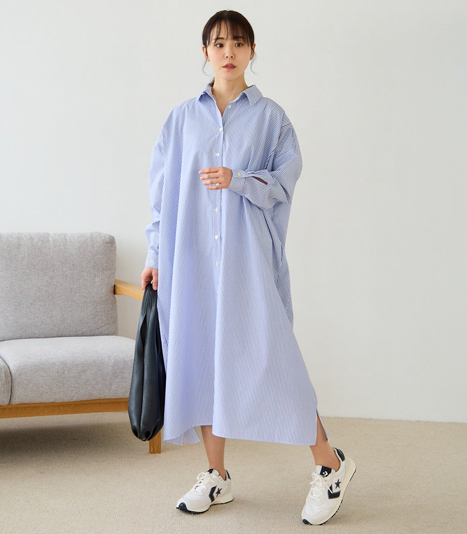新作】ストライプロングシャツワンピース 授乳服 マタニティ服 日本製