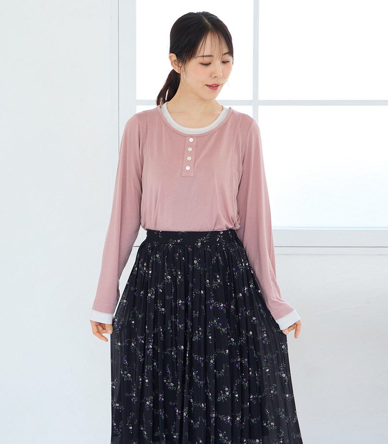 ヘンリーネック長袖カットソー 授乳服 日本製 【吸湿発熱素材ラグウォーム】