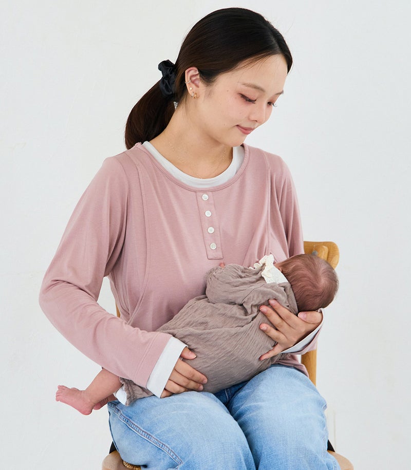 ヘンリーネック長袖カットソー 授乳服 日本製 【吸湿発熱素材ラグウォーム】